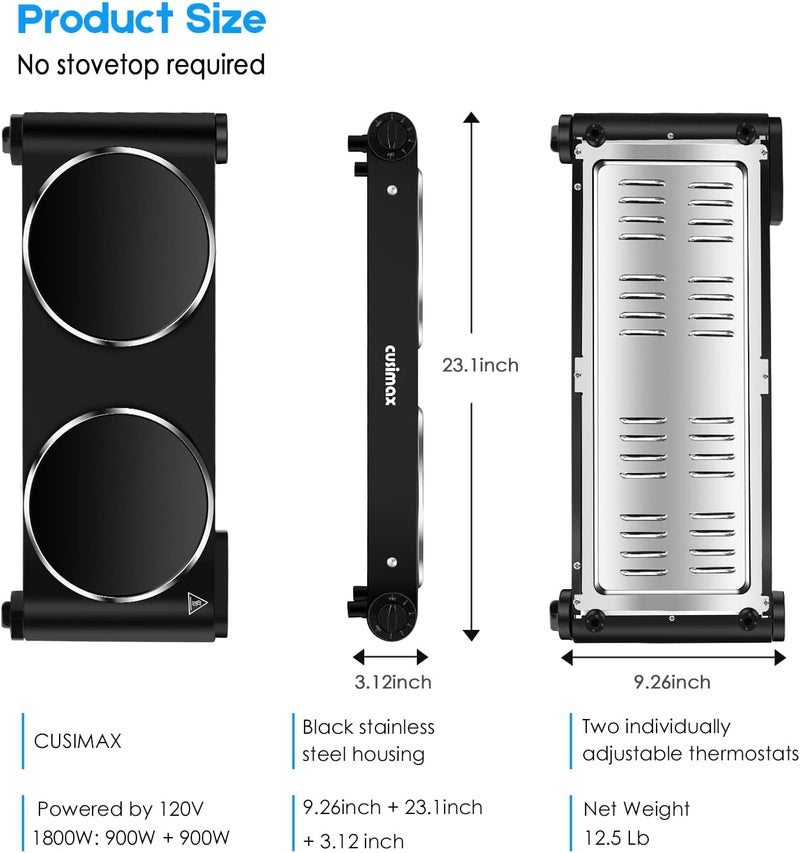 CUSIMAX Electric Stove, 1800W Infrared Hot Plate, 7 Inch Ceramic Glass Portable Double Burner Cooktop for Dorm Office Home Camp, Compatible w/All Cookware, Heat-up In Seconds-Upgraded Version - Image 3